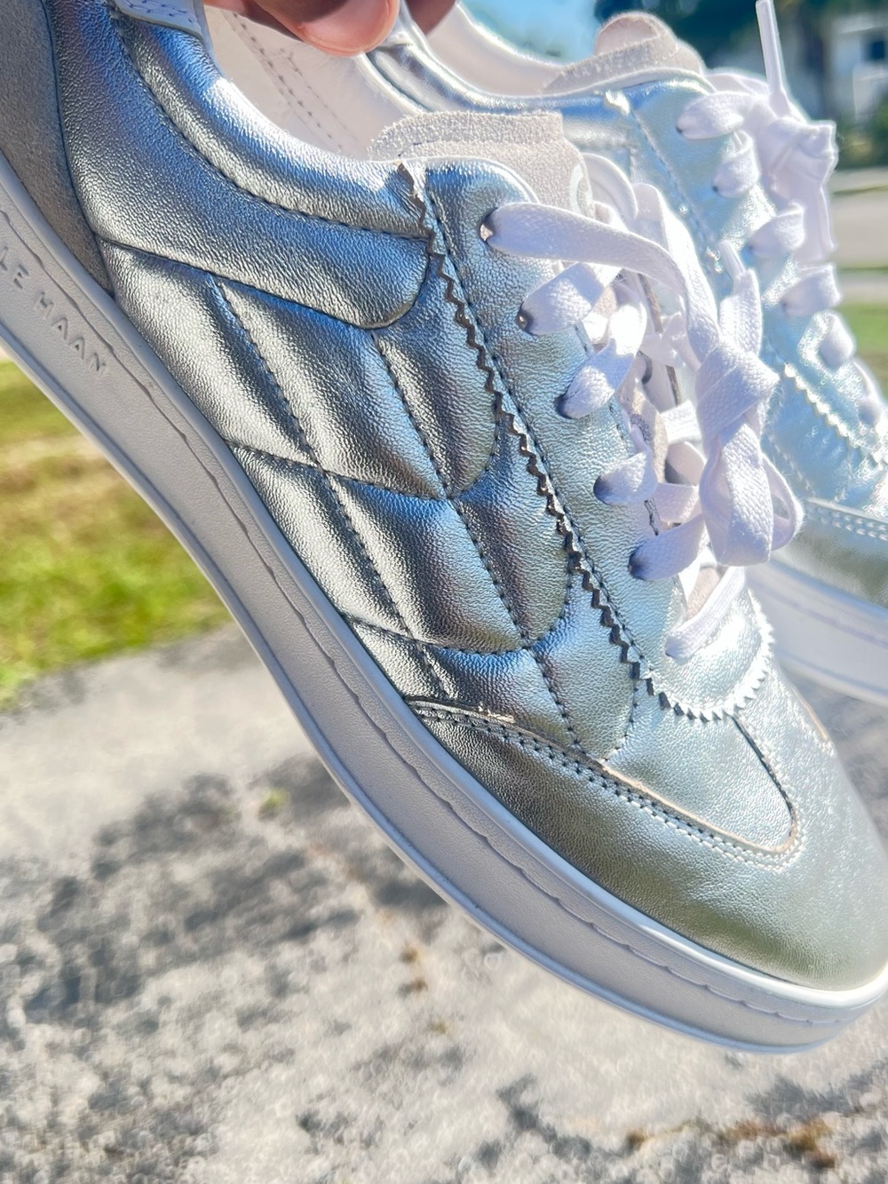 Cole Haan Metallic Silver Quilted Low-Top Sneakers with White Laces